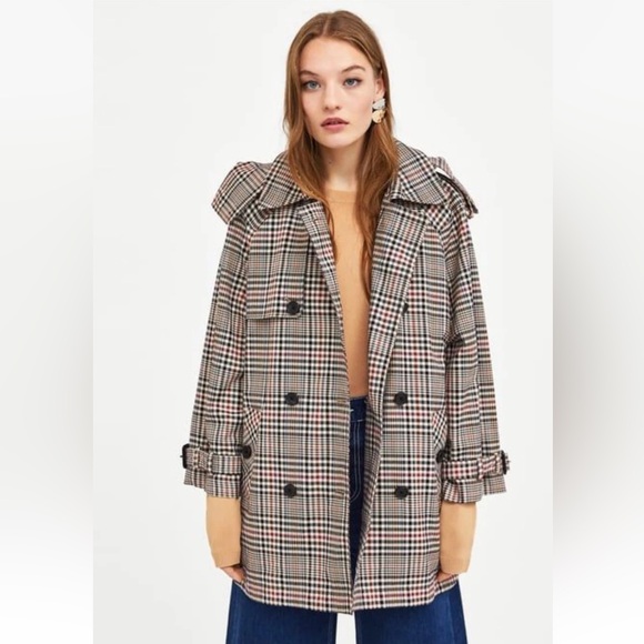 Zara Jackets & Blazers - ZARA trench coat jacket plaid checkered hood S small Burberry style